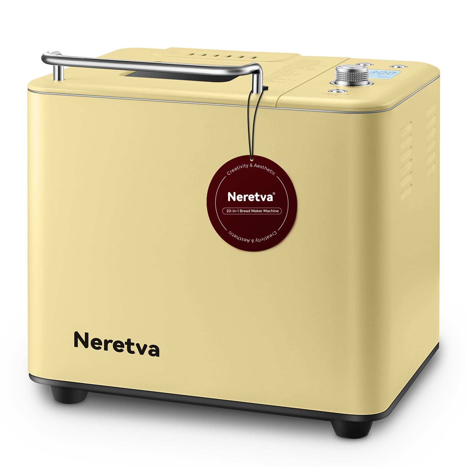 Neretva 20-IN-1 Bread Maker, Dual Heater 2LB Bread Machine Stainless Steel Bread Maker Machine Nonstick Ceramic Pan Compact for Gluten Free/Sourdough/Whole Wheat Bread/Yogurt, Breadmaker Recipe-Yellow
