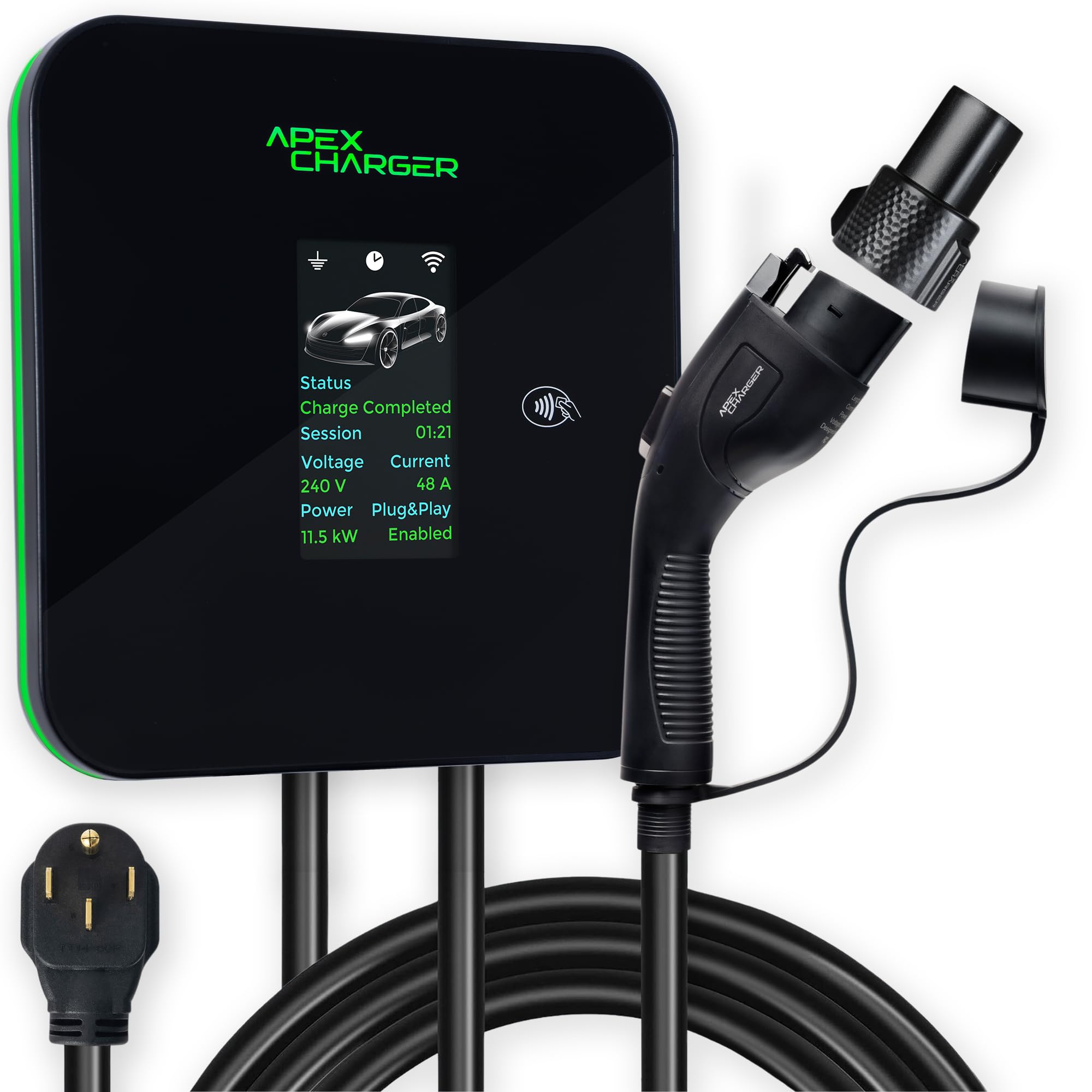 MACH 2:Fast Level 2 EV Charger 48 amp Garage-pro Wall-Mount. Electric Vehicle Charging Station 4 Nema 14-50 Outlet. J1772 car Connector. Key Accessories: 30ft Cable & Tesla NACS evse Portable Adapter