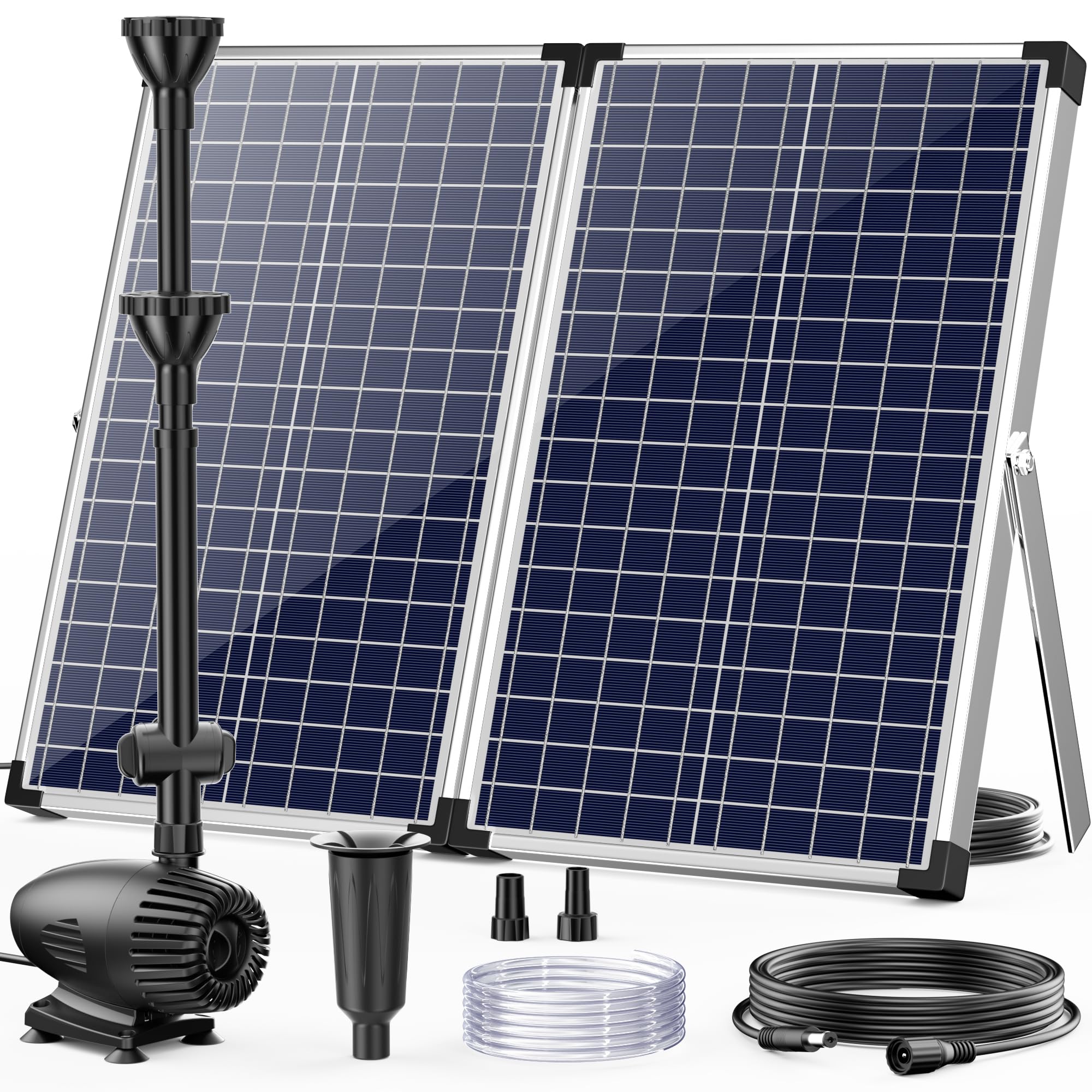 POPOSOAP 70W Solar Water Pump, Solar Water Fountain with Water Shortage Protection, Solar Pond Pump 580GPH Adjustable with PVC Clear Tubing, 17Ft+10Ft Cord for Ponds, Garden, Waterfall, Hydroponics