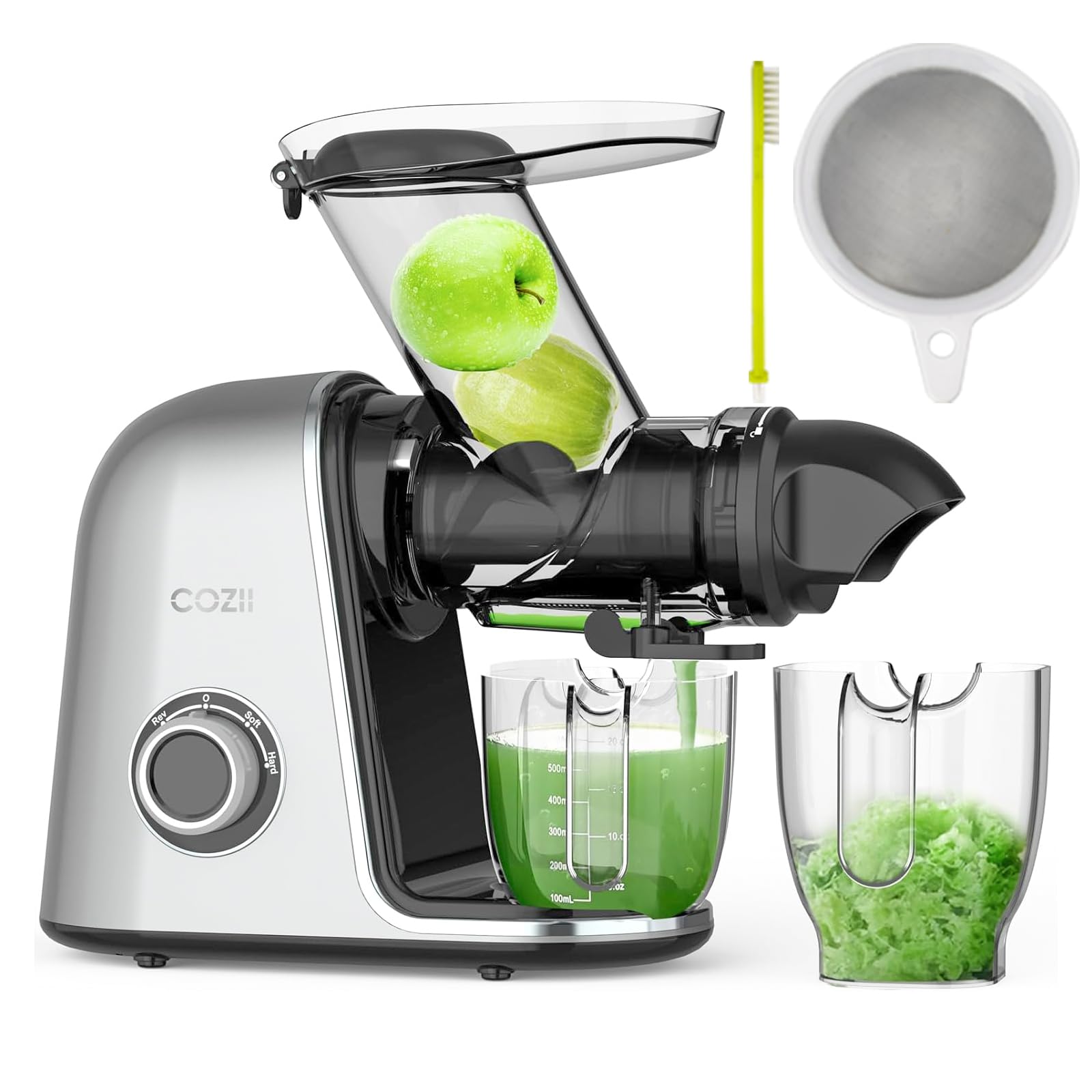 Juicer Machines, COZII Cold Press Juicer Extractor, Slow Masticating Juicer Soft/hard Mode, 3.6" Large Feed Chute For Vegetable and Fruit, Easy to Clean, Quiet Motor, High Juice Yield, Dishwasher Safe