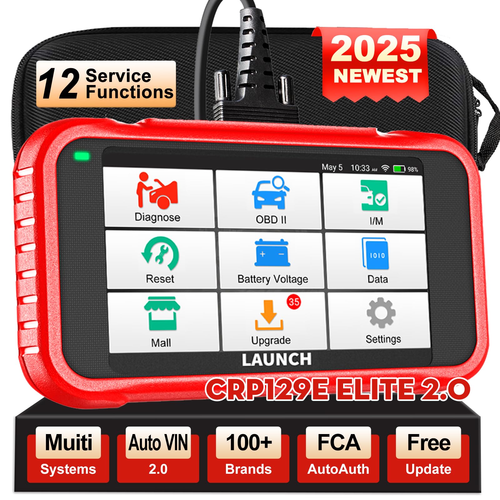 LAUNCH CRP129E V2.0 Elite OBD2 Scanner, 2025 All Level-Up，FCA AutoAuth, 12 Reset, Oil/EPB/SAS/TPMS/BMS/Injector Coding, ABS Bleed, ABS SRS Transmission Engine Code Reader, Lifetime Free Update